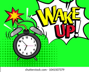 Wake up cartoon word in speeck bubble, pop art style coloful icon with alarm clock, vector illustration