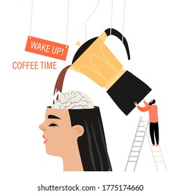 Wake up and coffee time concept. Surrealistic vector illustration with a man pouring coffee into a gigantic head. Isolated cartoon image in a flat style.