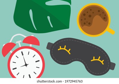 wake up concept, coffee, alarm clock, sleeping mask and monstera leaf- vector illustration