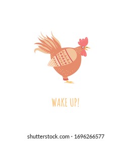 Despierta el concepto con un bonito gallo estilizado aislado en un fondo blanco. Ilustración vectorial en un estilo plano.