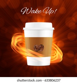 Wake up concept. Energy of coffee. Coffee cup with coffee beans. 3d illustration. EPS10 vector