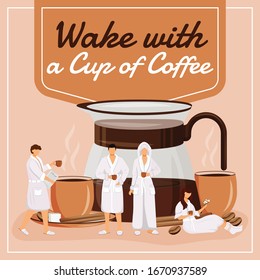Wake with a cup of coffee social media post mockup. Motivational phrase. Web banner design template. Coffeeshop booster, content layout with inscription. Poster, print ads and flat illustration