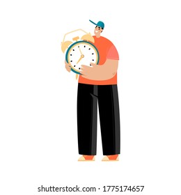 Wake-up oder Deadline-Konzept. Vektorgrafik eines jungen Mannes mit einem riesigen Wecker in den Händen. Einzeln Cartoon-Bild in einem flachen Stil.