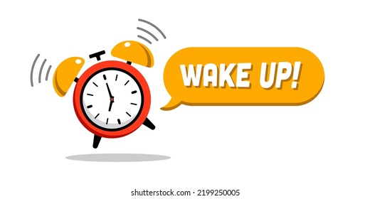 Wake up design with red and yellow alarm clock. Good morning, alarm clock ringing. Alarm Clock, bell. Loud signal to wake in the morning from bed. Getting up in the morning 