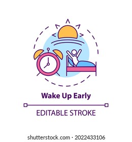 Wake up early concept icon. Daily routine. Person awake in morning. Self development and life improvement idea thin line illustration. Vector isolated outline RGB color drawing. Editable stroke