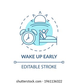 Wake up early turquoise concept icon. Daily routine. Person awake in morning. Self development, life improvement idea thin line illustration. Vector isolated outline RGB color drawing. Editable stroke