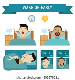 wake up early,full sleeping.
daily routine of business people. 
infographic element.
vector modern flat icons graphic design.
daily illustration.
african american.
caucasian people.
isolated on white