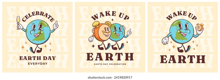 Wake up Earth groovy retro cartoon characters greeting card. Happy planet with alarm clock friends smiling label template. Vector logo mascot illustration in trendy vintage comic style. Isolated