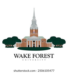 Ilustración de la Universidad de Wake Forest con árboles y jardín, universidad de clase superior americana y edificio principal de la Universidad de Wake Forest Ilustración de alta calidad, icono de etiqueta de Lugar famoso y marco gráfico