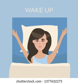 Wake up girl. Happy woman lying in bed. Healthy sleep vector flat illustration in cartoon style