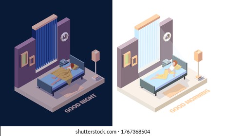 Wake up girl. Joyful happy woman in bed sleep in night and stretching hands in morning vector wake up isometric people