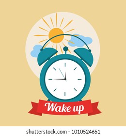 wake up good morning poster with alarm clock and clouds