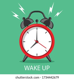 Wake up good morning poster concept. Cartoon alarm clock ringing. Isolated on green background. vector illustration banner flat design.