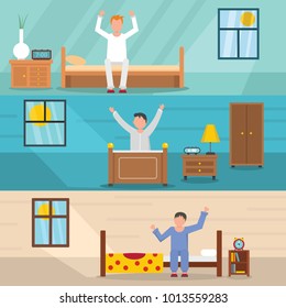 Wake up happy sleep banner horizontal concept set. Flat illustration of 3 wake up happy sleep vector banner horizontal concepts for web