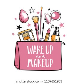 Wake up and make up. Cosmetics beauty elements, black outlines and pastel colors, isolated on white background. Vector hand drawn fashion illustration with cosmetic. Perfect for social media.