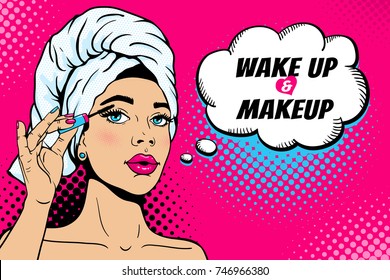 Wake Up And Makeup. Closeup Of Sexy Girl In Bath Towel On Her Head Paints Her Eyes With Mascara In Her Hand. Vector Colorful Background In Comic Retro Pop Art Style. Cosmetics Applying On Female Face.