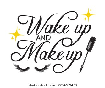 Despierta y compense. Afiche de belleza vectorial con pincel de maquillaje, huella femenina. Ilustración cosmética de glamour frío para blog, arte mural, decoración.