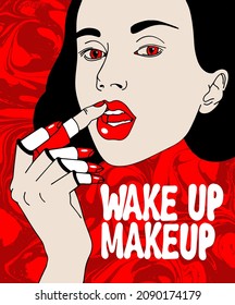 Wake up makeup. Vector hand drawn surrealistic illustration of girl with pomade instead fingers isolated. Creative  artwork. Template for card, poster, banner, print for t-shirt, pin, badge, patch.