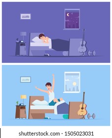 Wake up man. Joyful happy morning sleeping male person stretching in bad sitting on mattress vector peaceful characters