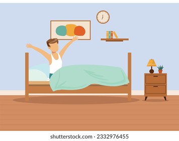 Wake up man and waking up at 7 am, Wake-Up Morning at 7 O'clock at Morning Time Wake up from Bed, Waking up from Sleep, Sleeping till 7am, Yawning person. Wake-up early morning and Yawning for Office