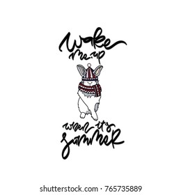 Wake me up when it's summer. Vector illustation with bunny and hand drawn winter quote.  Vector illustration. Typography design elements for prints, cards, posters, products packaging, branding.