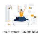 Wake up in the morning, Sweet dreams, good morning, Woman stretching in bed after waking up, entering a day happy and relaxed after good night sleep concept illustration