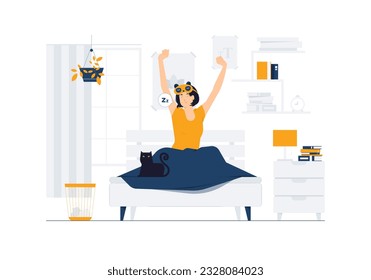 Wake up in the morning, Sweet dreams, good morning, Woman stretching in bed after waking up, entering a day happy and relaxed after good night sleep concept illustration