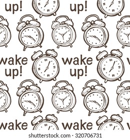 Wake up pattern, seamless background from hand drawn alarm clocks and text