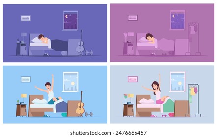 Wake up people male and female characters daily morning wake up