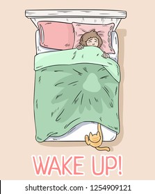 Wake up postcard. Cat catching legs under the blanket. Girl wakes up because of her cat. Top view.
