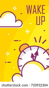 Wake up poster with alarm clock and clouds on yellow background. Thin line flat design. Vector.