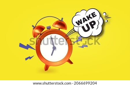 Wake up poster with alarm clock. Good morning. Alarming ring