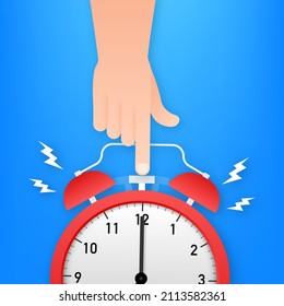 Wake up poster with alarm clock and hand pushing. Vector illustration.