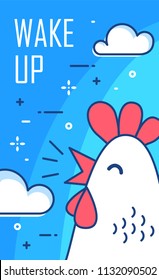 Wake up poster with clouds and cock on blue background. Thin line flat design. Vector.
