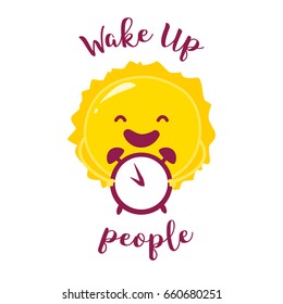 Wake up poster with funny sun and alarm clock. Vector illustration.