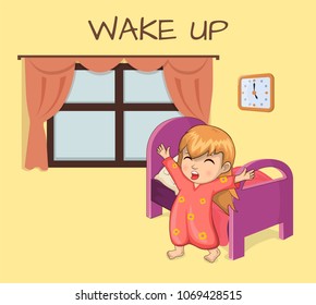 Wake up poster and girl stretching, banner and headline, bedroom with bed, window and clock, title vector illustration isolated on yellow background