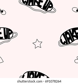 wake up seamless pattern pink background stars hearts eyes vector illustration 