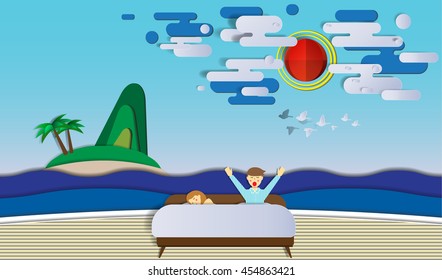 Wake up and sleeping in the bedroom feeling like on the beach on sunny day paper cut style vector illustration