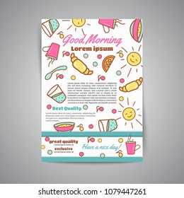 Wake up slogan on brochure. Breakfast menu for cafe illustration. Always fresh text. Cafe, bakery concept. Coffeee and tea time. Vector