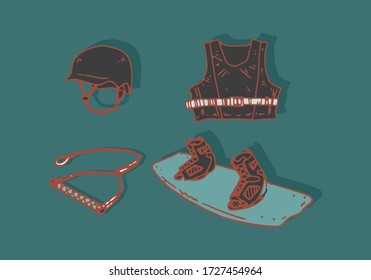 Wake sport elements on flat background. Isolated objects. Sea sports. Helmet, lifejacket, wakeboard and palomier.