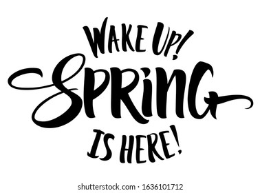 Wake Up Spring Is Here lettering. Handwritten modern calligraphy, brush painted letters. Inspirational text, vector illustration. Template for banner, poster, postcard, t-shirts print or web design