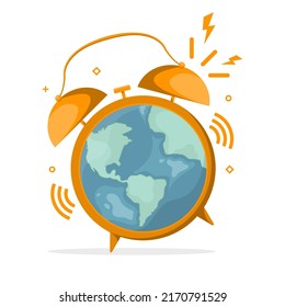 Wake up to start up concept, Alarm clock with earth globe, Digital marketing illustration.