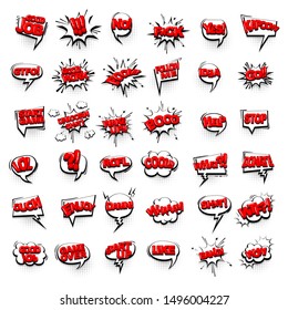 Wake up stop, boom, comic text collection sound effects pop art style. Set vector speech bubble with word and short phrase cartoon expression illustration. Comics book red colored background template.