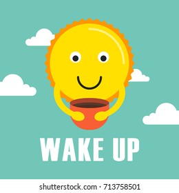 Wake up with sun and red cup. Flat style. Vector illustration.