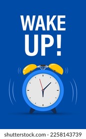 Wake up time badge. Alarm clock with banner Wake up. Morning time. Ringing alarm clock. Isolated vector illustration.