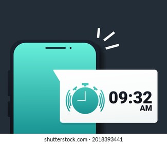 Wake up time settings. Alarm clock app on smartphone screen. Alarm reminder message notice. Illustration vector