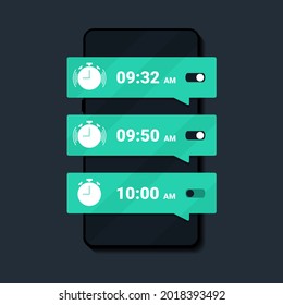 Wake up time settings. Alarm clock app on smartphone screen. Set up multiple alarm reminder on phone. Illustration vector