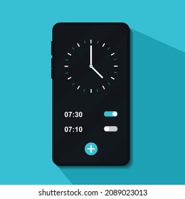 Wake up time settings. Alarm clock app on smartphone screen. Illustration vector