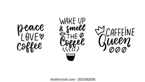 Wecke uns und rieche Kaffee. Getränkekoteletts für sonniges Getränk. Handschrift-Overlay. Pinselkalligrafisches Design, Vektorelement. Kaffeephrasen Texthintergrund, Grußkartendesign.