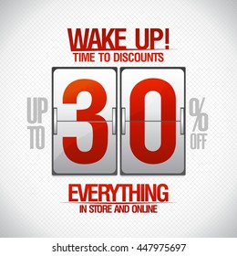 Wake up! Up to 30% off sale vector banner in shape of analog flip clock